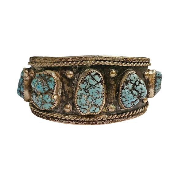 Vintage Diné (Navajo) Turquoise Nugget Sterling Silver Cuff Bracelet - Picture 2 of 6
